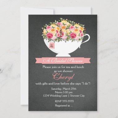 Chalkboard Flower Tea Cup Bridal Shower Invitations