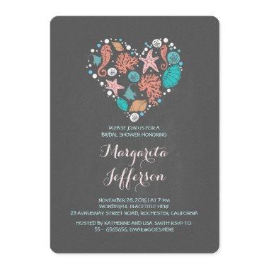 Chalkboard heart beach bridal shower invite