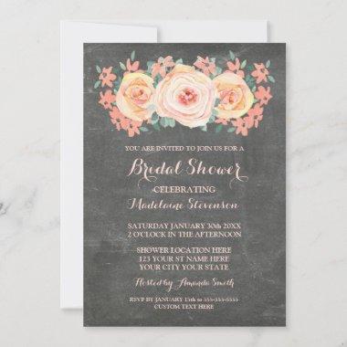 Chalkboard Peach Watercolor Floral Bridal Shower Invitations