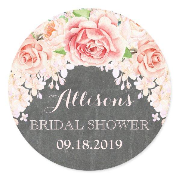 Chalkboard Pink Watercolor Flowers Bridal Shower Classic Round Sticker
