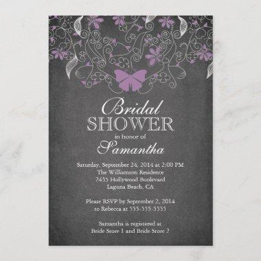 Chalkboard Purple Butterfly Floral Bridal Shower Invitations