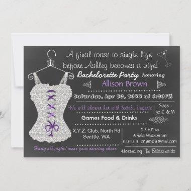 Chalkboard purple Lingerie Shower Bachelorette Invitations