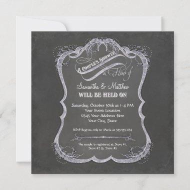 Chalkboard Typographic Leaf Swirl Rustic Wedding Invitations
