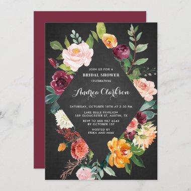 Chalkboard Watercolor Autumn Florals Bridal Shower Invitations