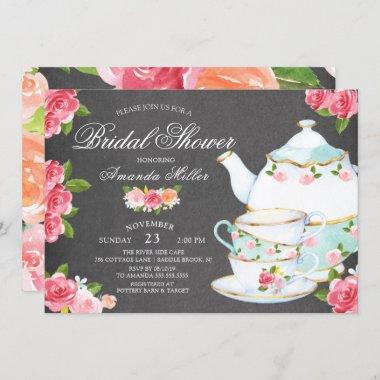 Chalkboard Watercolor Foral Tea Bridal Shower Invitations