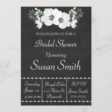 Chalkboard With White Flowers Anemone Bridal Showe Invitations