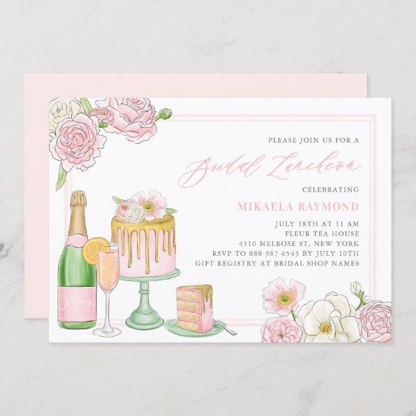 Champagne and Drip Cake Floral Bridal Luncheon Invitations