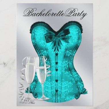 Champagne and Teal Blue Corset Bachelorette Party Invitations