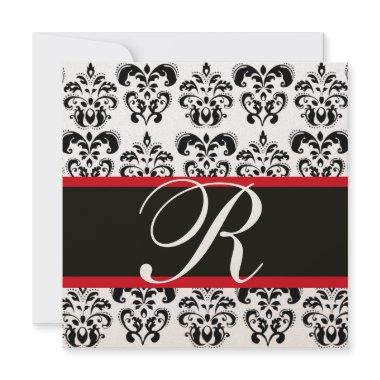 CHAMPAGNE & BLACK RED DAMASK MONOGRAM , white Invitations