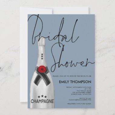 Champagne Bottle Script Dusty Blue Bridal Shower Invitations