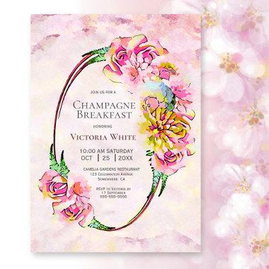 Champagne Breakfast Pink Floral Watercolor Invitations