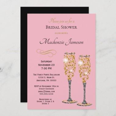 Champagne Bridal Shower Invitations Pink Black Gold