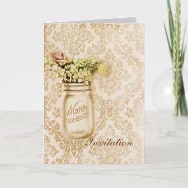 Champagne damask floral mason jar wedding Invitations