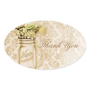 Champagne damask floral mason jar wedding oval sticker
