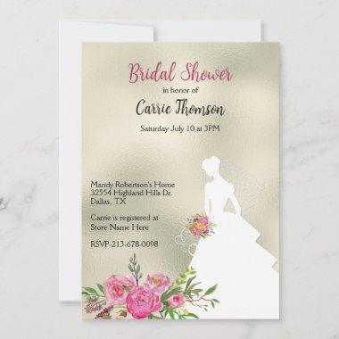 Champagne Foil Look with Peonies Bridal Shower Invitations