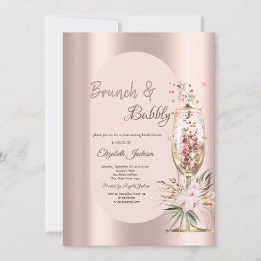 Champagne Glass Drips Flowers Rose Gold Invitations