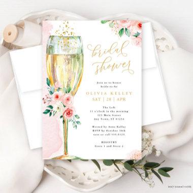 Champagne Glass Pink and Gold Floral Bridal Shower Invitations