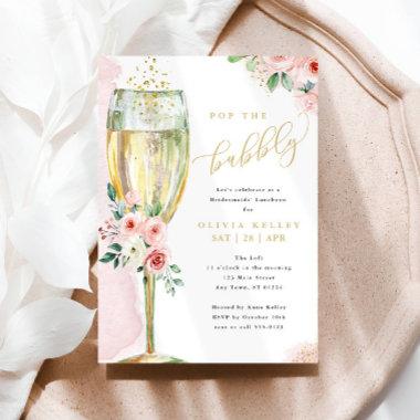 Champagne Glass Pink + Gold Floral Bridal Luncheon Invitations