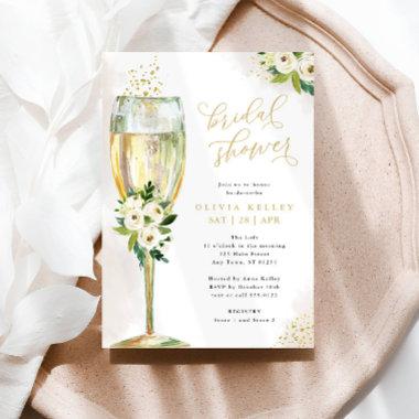 Champagne Glass White & Gold Floral Bridal Shower Invitations