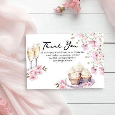 Champagne Glasses and Cupcakes Pink Flowers Thank You Invitations