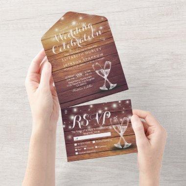 Champagne Glasses Rustic Wood String Light Wedding All In One Invitations