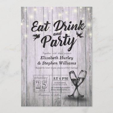 Champagne Glasses Wood EAT Drink and Party Wedding Invitations