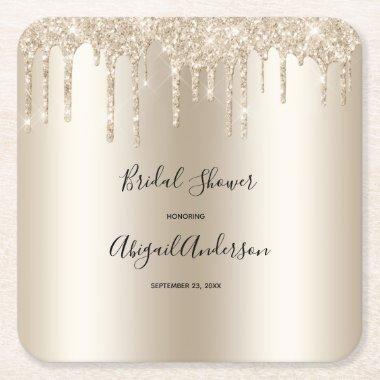 Champagne Glitter Drip Bridal Shower Glam Trendy Square Paper Coaster