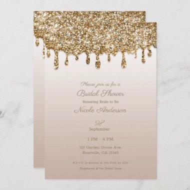 Champagne Gold Glitter Drip Glam Bridal Shower Invitations