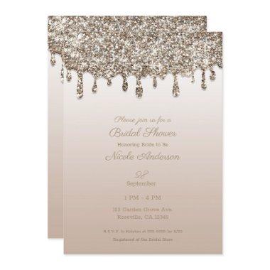 Champagne Gold Glitter Drip Glam Bridal Shower Invitations