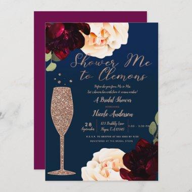 Champagne Rose Gold Navy Blue Floral Bridal Shower Invitations