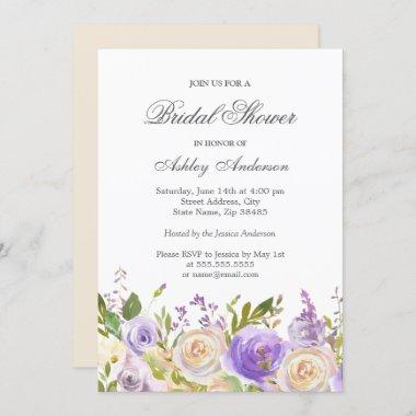 Champagne White Rose Purple Floral Bridal Shower Invitations