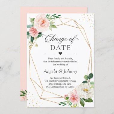 Change of Date Blush Pink Floral Gold Geometric Invitations