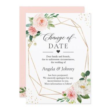 Change of Date Blush Pink Floral Gold Geometric Invitations