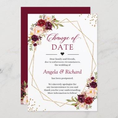 Change of Date Burgundy Red Floral Gold Geometric Invitations
