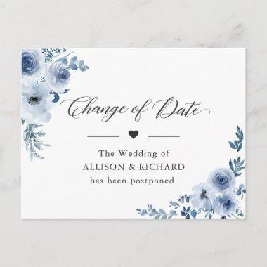Change of Date Elegant New Plan Dusty Blue Flowers PostInvitations
