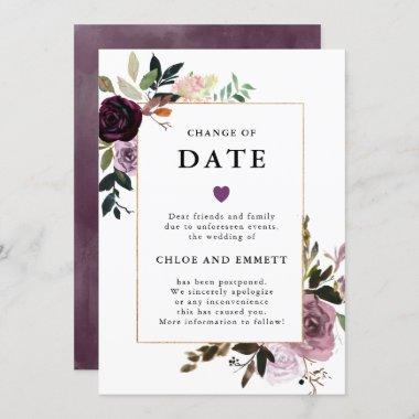 Change of Date Purple Mauve Pink Floral Wedding Invitations