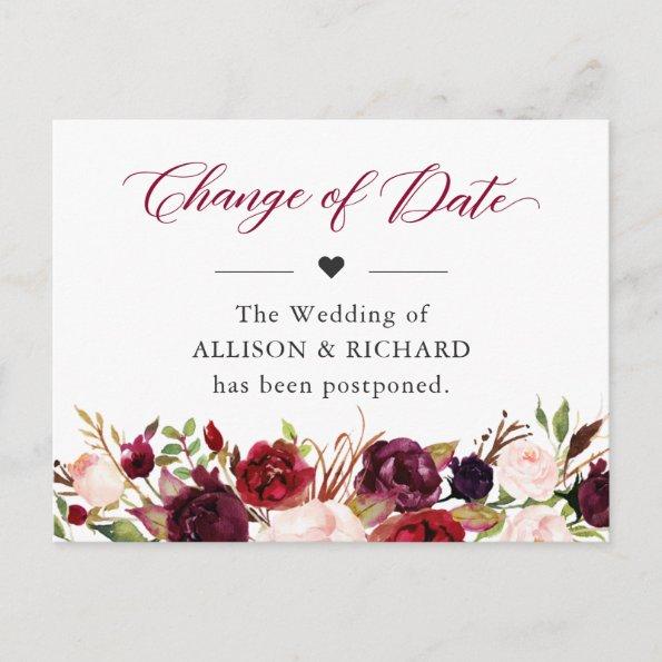 Change of Date Rustic Burgundy Red Blush Floral PostInvitations