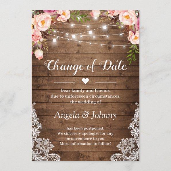 Change of Date Rustic Floral Lace String Lights Invitations