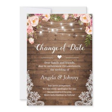 Change of Date Rustic Floral Lace String Lights Invitations