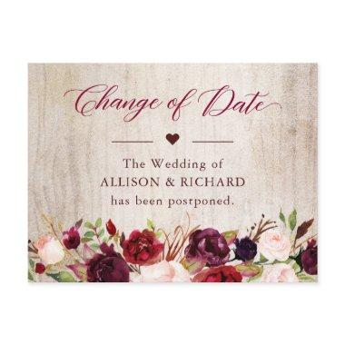 Change of Date Rustic Wood Burgundy Red Floral PostInvitations