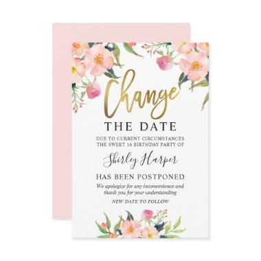 Change The Date Pink Floral Gold Script Invitations