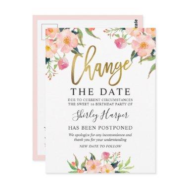 Change The Date Pink Floral Gold Script PostInvitations