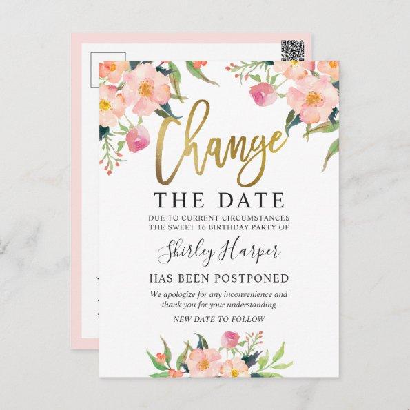 Change The Date Pink Floral Gold Script PostInvitations