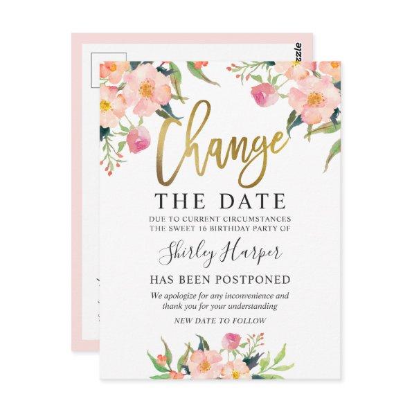 Change The Date Pink Floral Gold Script Post