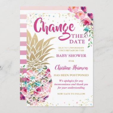 Change The Date Pink Gold Pineapple Baby Shower Invitations