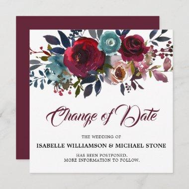 Change the Date Red Burgundy Floral Wedding Invitations