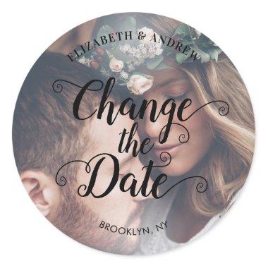 Change the New Date Photo Postponement Wedding Classic Round Sticker