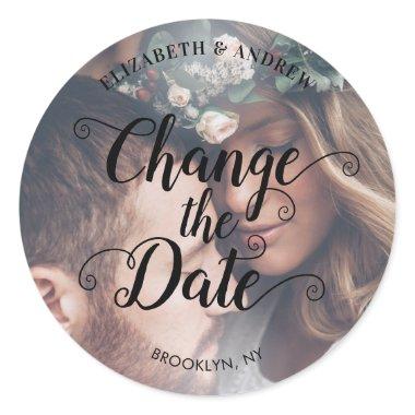 Change the New Date Photo Postponement Wedding Classic Round Sticker