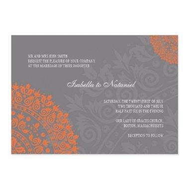 Charcoal Gray and Orange Damask Wedding Invitations