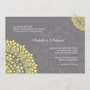 Charcoal Gray and Yellow Damask Wedding Invitations